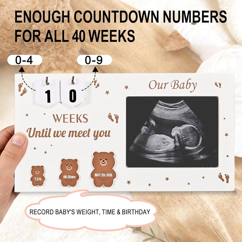 DACO MIN Pregnancy Countdown Sonogram Picture Frame with Number Cards & Newborn Handprint Kit – Bear-Themed Ultrasound Keepsake Gift for Expecting Parents & Grandparent Reveal (Brown) - Image 3